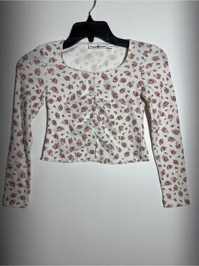 Sugar & Jade White Floral Square Neck Ribbed Knit Cropped Top Stretch Size S